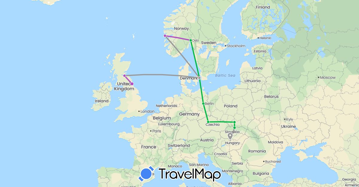 TravelMap itinerary: driving, bus, plane, train in Czech Republic, Germany, Denmark, United Kingdom, Hungary, Norway, Poland (Europe)